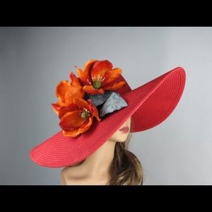 Red Kentucky Derby Hat with Orange Magnolia